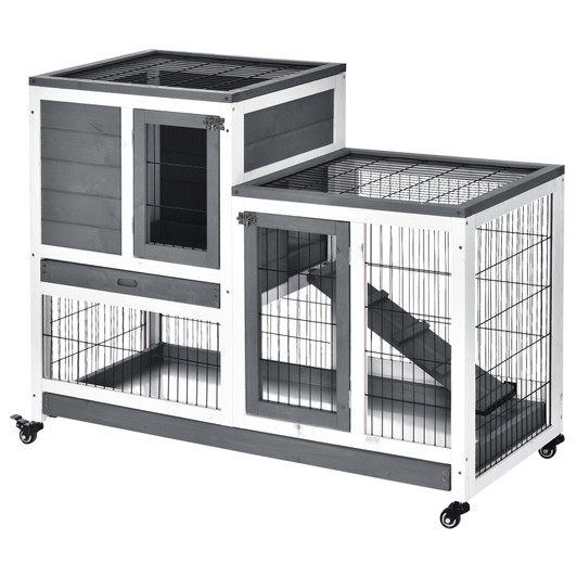 A2ZHOME PawHut Wooden Rabbit Hutch Elevated Bunny Cage Indoor Small Animal Habitat with Enclosed Run with Wheels, Ramp, Removable Tray Ideal for Guinea Pigs, Grey