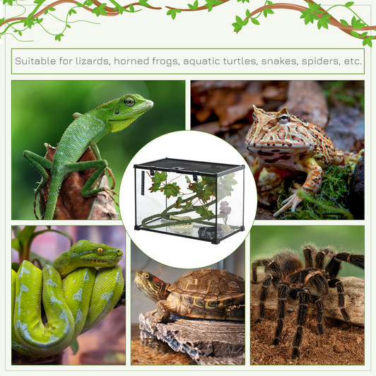A2ZHOME PawHut 14 Gallon Reptile Glass Terrarium Tank with Decor Kit, Breeding Box Full View with Visually Appealing Sliding Screen Top for Lizards, Frogs, Snakes, Spiders, 20" x 12" x 14", Black