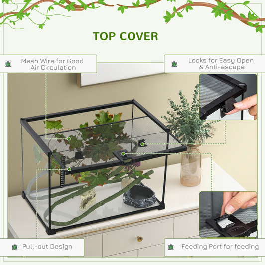 A2ZHOME PawHut 14 Gallon Reptile Glass Terrarium Tank with Decor Kit, Breeding Box Full View with Visually Appealing Sliding Screen Top for Lizards, Frogs, Snakes, Spiders, 20" x 12" x 14", Black
