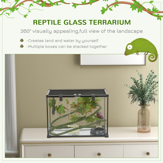 A2ZHOME PawHut 14 Gallon Reptile Glass Terrarium Tank with Decor Kit, Breeding Box Full View with Visually Appealing Sliding Screen Top for Lizards, Frogs, Snakes, Spiders, 20" x 12" x 14", Black
