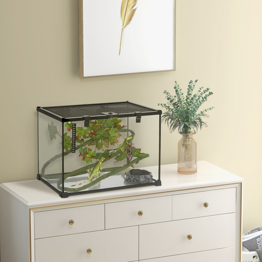 A2ZHOME PawHut 14 Gallon Reptile Glass Terrarium Tank with Decor Kit, Breeding Box Full View with Visually Appealing Sliding Screen Top for Lizards, Frogs, Snakes, Spiders, 20" x 12" x 14", Black