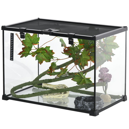 A2ZHOME PawHut 14 Gallon Reptile Glass Terrarium Tank with Decor Kit, Breeding Box Full View with Visually Appealing Sliding Screen Top for Lizards, Frogs, Snakes, Spiders, 20" x 12" x 14", Black