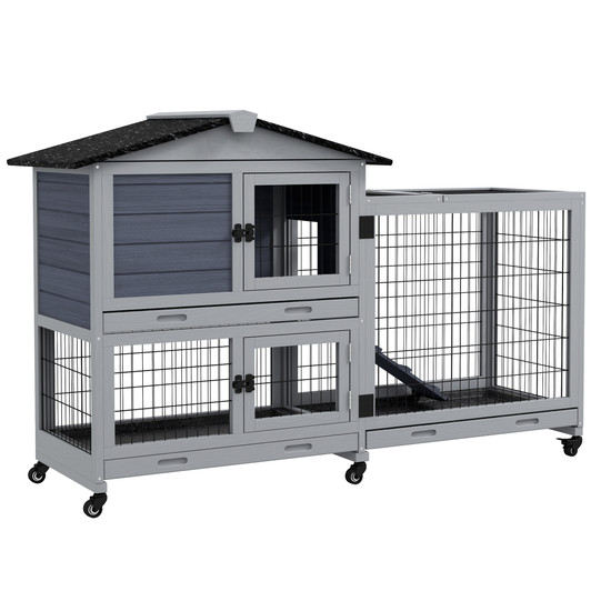 A2ZHOME PawHut Rabbit Hutch 2-Story Bunny Cage Small Animal House with Slide Out Tray, Wheels, for Indoor Outdoor, 59.8" x 20.9" x 39.2", Gray