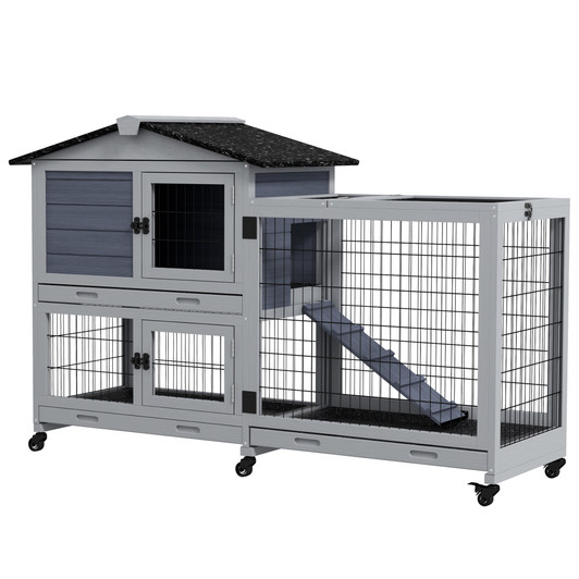 A2ZHOME PawHut Rabbit Hutch 2-Story Bunny Cage Small Animal House with Slide Out Tray, Wheels, for Indoor Outdoor, 59.8" x 20.9" x 39.2", Gray