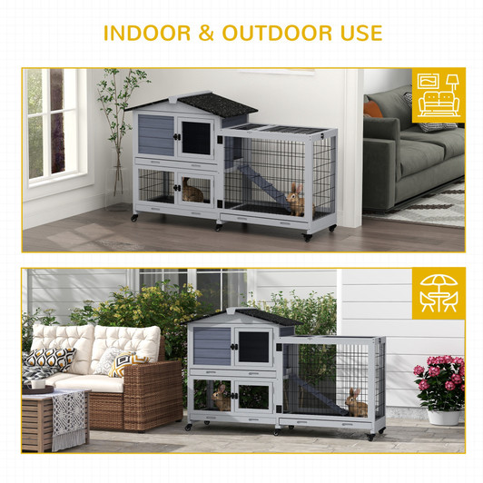 A2ZHOME PawHut Rabbit Hutch 2-Story Bunny Cage Small Animal House with Slide Out Tray, Wheels, for Indoor Outdoor, 59.8" x 20.9" x 39.2", Gray