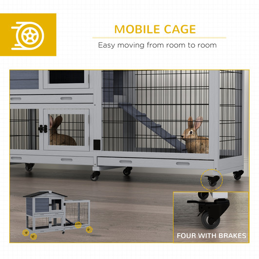 A2ZHOME PawHut Rabbit Hutch 2-Story Bunny Cage Small Animal House with Slide Out Tray, Wheels, for Indoor Outdoor, 59.8" x 20.9" x 39.2", Gray