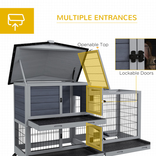 A2ZHOME PawHut Rabbit Hutch 2-Story Bunny Cage Small Animal House with Slide Out Tray, Wheels, for Indoor Outdoor, 59.8" x 20.9" x 39.2", Gray