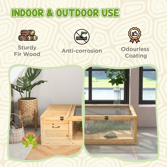 A2ZHOME PawHut Wooden Tortoise House Indoor Turtle Habitat Enclosure Outdoor Reptile Cage for Lizards, Geckos, Yellow
