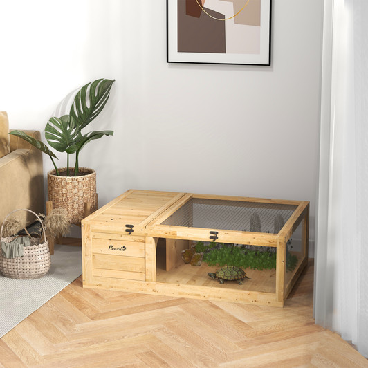 A2ZHOME PawHut Wooden Tortoise House Indoor Turtle Habitat Enclosure Outdoor Reptile Cage for Lizards, Geckos, Yellow
