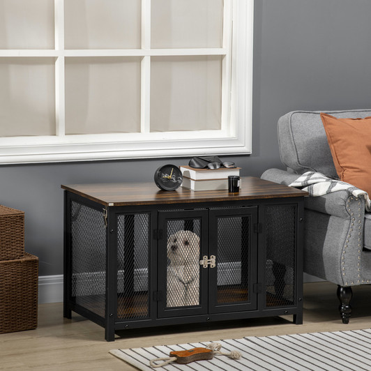 A2ZHOME PawHut Furniture Style Dog Crate with Openable Top, Big Dog Crate End Table, Puppy Crate for Small Dogs Indoor, Spacious Interior, Pet Kennel, Brown, Black