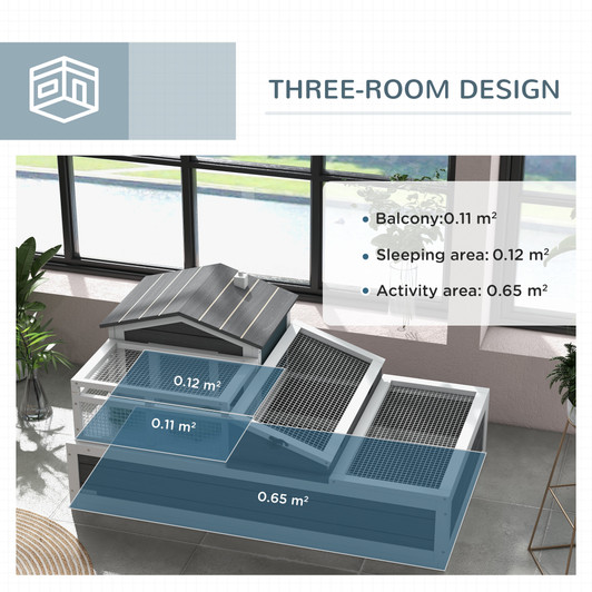 A2ZHOME PawHut 3-Room Tortoise House Habitat with Balcony & 2 Stories, Indoor/Outdoor Wooden Tortoise Enclosure with Ladder, Tray, Openable Roof, Large Reptile Cage, 44" x 25.5" x 23", Gray