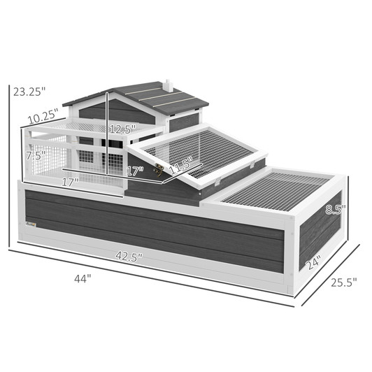 A2ZHOME PawHut 3-Room Tortoise House Habitat with Balcony & 2 Stories, Indoor/Outdoor Wooden Tortoise Enclosure with Ladder, Tray, Openable Roof, Large Reptile Cage, 44" x 25.5" x 23", Gray