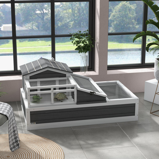 A2ZHOME PawHut 3-Room Tortoise House Habitat with Balcony & 2 Stories, Indoor/Outdoor Wooden Tortoise Enclosure with Ladder, Tray, Openable Roof, Large Reptile Cage, 44" x 25.5" x 23", Gray