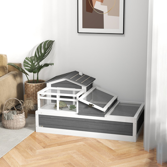 A2ZHOME PawHut 3-Room Tortoise House Habitat with Balcony & 2 Stories, Indoor/Outdoor Wooden Tortoise Enclosure with Ladder, Tray, Openable Roof, Large Reptile Cage, 44" x 25.5" x 23", Gray