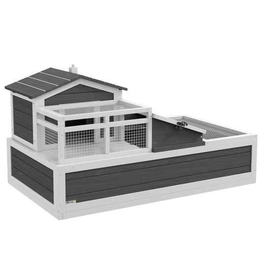 A2ZHOME PawHut 3-Room Tortoise House Habitat with Balcony & 2 Stories, Indoor/Outdoor Wooden Tortoise Enclosure with Ladder, Tray, Openable Roof, Large Reptile Cage, 44" x 25.5" x 23", Gray
