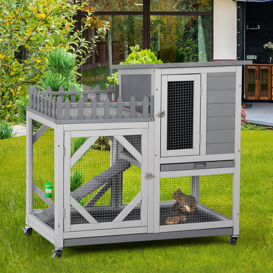 A2ZHOME Large Rabbit Hutch, Wooden Bunny Cage with Casters, Fence, Trays, Water Bottle, Indoor and Outdoor Animal House for Rest and Run, Easy Clean, Gray
