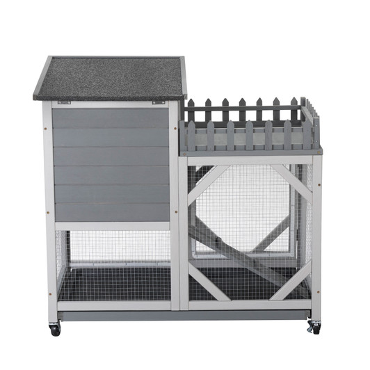 A2ZHOME Large Rabbit Hutch, Wooden Bunny Cage with Casters, Fence, Trays, Water Bottle, Indoor and Outdoor Animal House for Rest and Run, Easy Clean, Gray