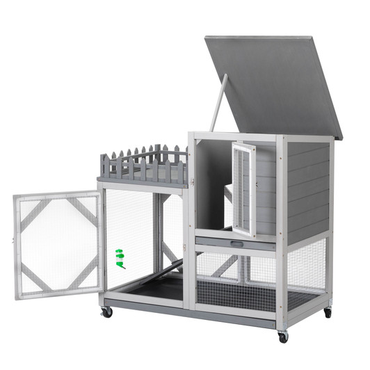 A2ZHOME Large Rabbit Hutch, Wooden Bunny Cage with Casters, Fence, Trays, Water Bottle, Indoor and Outdoor Animal House for Rest and Run, Easy Clean, Gray