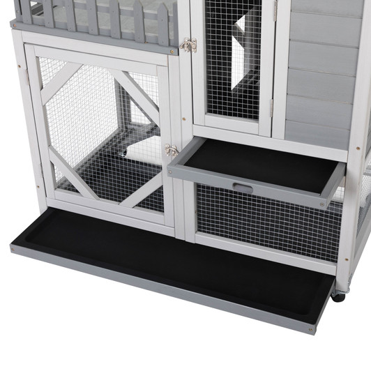 A2ZHOME Large Rabbit Hutch, Wooden Bunny Cage with Casters, Fence, Trays, Water Bottle, Indoor and Outdoor Animal House for Rest and Run, Easy Clean, Gray