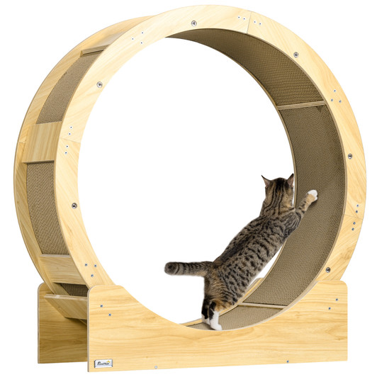 A2ZHOME PawHut Cat Wheel for Indoor Cats, 36" Cat Treadmill with Scratching Pads, Cat Exercise Running Wheel with Brake for Health and Fitness, Oak