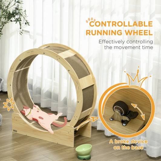 A2ZHOME PawHut Cat Wheel for Indoor Cats, 36" Cat Treadmill with Scratching Pads, Cat Exercise Running Wheel with Brake for Health and Fitness, Oak