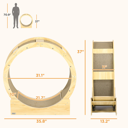 A2ZHOME PawHut Cat Wheel for Indoor Cats, 36" Cat Treadmill with Scratching Pads, Cat Exercise Running Wheel with Brake for Health and Fitness, Oak