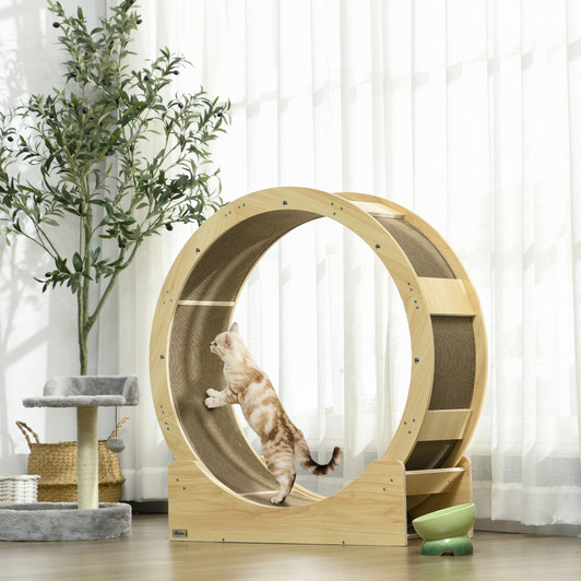 A2ZHOME PawHut Cat Wheel for Indoor Cats, 36" Cat Treadmill with Scratching Pads, Cat Exercise Running Wheel with Brake for Health and Fitness, Oak