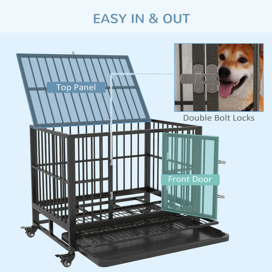A2ZHOME PawHut 36" Heavy Duty Dog Crate Metal Cage Kennel with Lockable Wheels, Double Door and Removable Tray, Gray