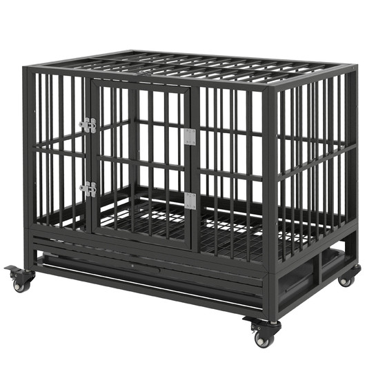 A2ZHOME PawHut 36" Heavy Duty Dog Crate Metal Cage Kennel with Lockable Wheels, Double Door and Removable Tray, Gray