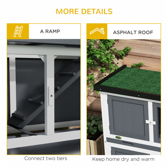 A2ZHOME PawHut Wooden Bunny Rabbit Hutch, Small Animal Habitat with Ramp, Removable Tray & Weatherproof Roof, Indoor/Outdoor, Gray