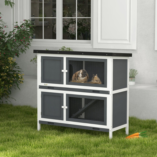 A2ZHOME PawHut Wooden Bunny Rabbit Hutch, Small Animal Habitat with Ramp, Removable Tray & Weatherproof Roof, Indoor/Outdoor, Gray