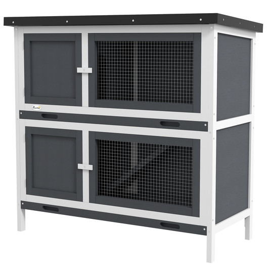A2ZHOME PawHut Wooden Bunny Rabbit Hutch, Small Animal Habitat with Ramp, Removable Tray & Weatherproof Roof, Indoor/Outdoor, Gray