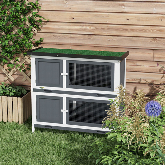 A2ZHOME PawHut Wooden Bunny Rabbit Hutch, Small Animal Habitat with Ramp, Removable Tray & Weatherproof Roof, Indoor/Outdoor, Gray
