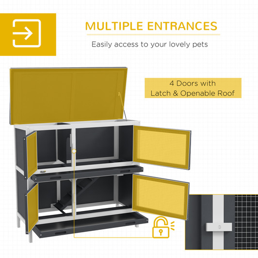 A2ZHOME PawHut Wooden Bunny Rabbit Hutch, Small Animal Habitat with Ramp, Removable Tray & Weatherproof Roof, Indoor/Outdoor, Gray