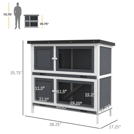 A2ZHOME PawHut Wooden Bunny Rabbit Hutch, Small Animal Habitat with Ramp, Removable Tray & Weatherproof Roof, Indoor/Outdoor, Gray