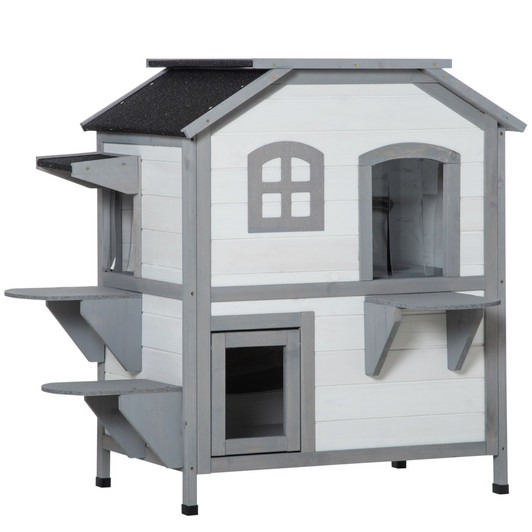 A2ZHOME PawHut 2-story Cat House Outdoor, Weatherproof Wooden Cat Enclosure for Feral Cats with Escape Door, Openable Roof, Jumping Platforms, White