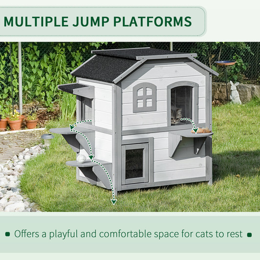 A2ZHOME PawHut 2-story Cat House Outdoor, Weatherproof Wooden Cat Enclosure for Feral Cats with Escape Door, Openable Roof, Jumping Platforms, White