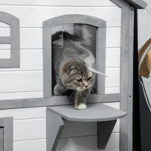 A2ZHOME PawHut 2-story Cat House Outdoor, Weatherproof Wooden Cat Enclosure for Feral Cats with Escape Door, Openable Roof, Jumping Platforms, White