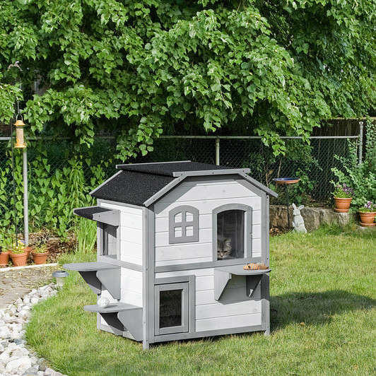 A2ZHOME PawHut 2-story Cat House Outdoor, Weatherproof Wooden Cat Enclosure for Feral Cats with Escape Door, Openable Roof, Jumping Platforms, White