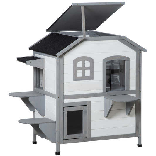 A2ZHOME PawHut 2-story Cat House Outdoor, Weatherproof Wooden Cat Enclosure for Feral Cats with Escape Door, Openable Roof, Jumping Platforms, White