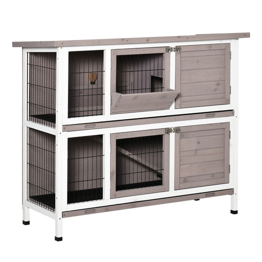 A2ZHOME PawHut Indoor or Outdoor Rabbit Hutch with Quick on-the-Go Feeding, Wood Rabbit Cage, Long Hopping Distance, Medium Rabbit Hutch, 4 Door, No Leak Tray, Grey Brown