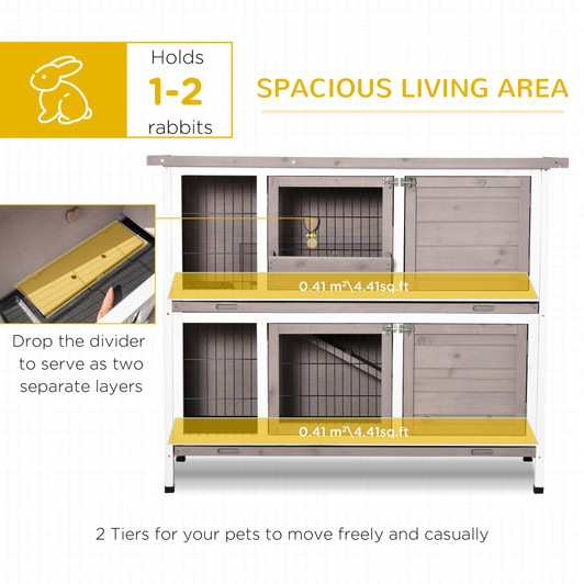 A2ZHOME PawHut Indoor or Outdoor Rabbit Hutch with Quick on-the-Go Feeding, Wood Rabbit Cage, Long Hopping Distance, Medium Rabbit Hutch, 4 Door, No Leak Tray, Grey Brown