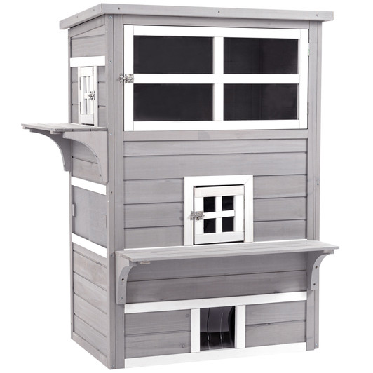 A2ZHOME PawHut 3-Story Cat House Feral Cat Shelter, Outdoor Kitten Condo with Raised Floor, Asphalt Roof, Escape Doors, Jumping Platforms, Grey