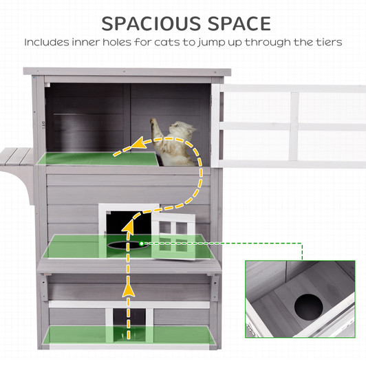 A2ZHOME PawHut 3-Story Cat House Feral Cat Shelter, Outdoor Kitten Condo with Raised Floor, Asphalt Roof, Escape Doors, Jumping Platforms, Grey