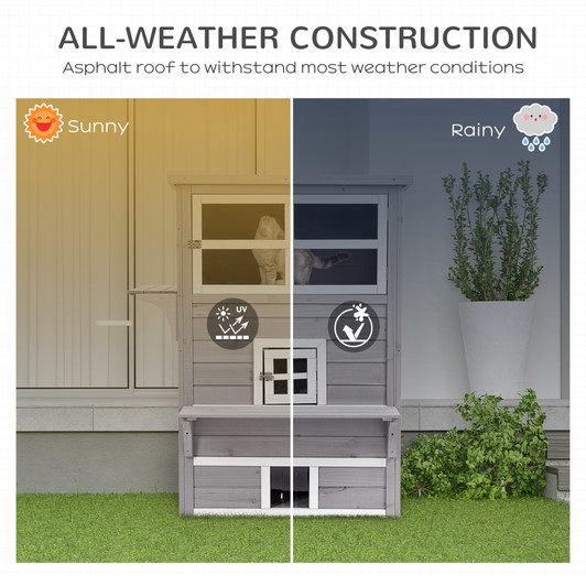 A2ZHOME PawHut 3-Story Cat House Feral Cat Shelter, Outdoor Kitten Condo with Raised Floor, Asphalt Roof, Escape Doors, Jumping Platforms, Grey