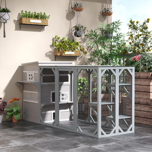 A2ZHOME PawHut 3-Story Cat House Feral Cat Shelter, Outdoor Kitten Condo with Raised Floor, Asphalt Roof, Escape Doors, Jumping Platforms, Grey