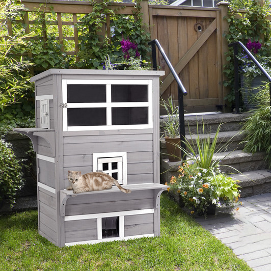 A2ZHOME PawHut 3-Story Cat House Feral Cat Shelter, Outdoor Kitten Condo with Raised Floor, Asphalt Roof, Escape Doors, Jumping Platforms, Grey