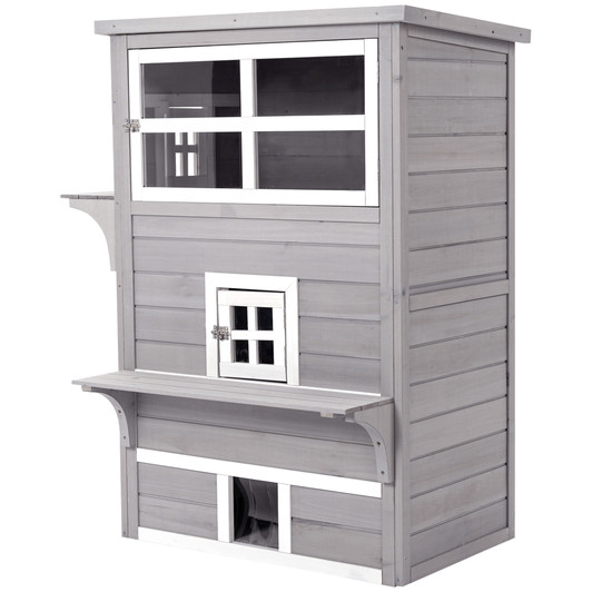 A2ZHOME PawHut 3-Story Cat House Feral Cat Shelter, Outdoor Kitten Condo with Raised Floor, Asphalt Roof, Escape Doors, Jumping Platforms, Grey