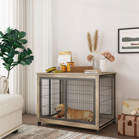 A2ZHOME Furniture Style Dog Crate Side Table on Wheels with Double Doors and Lift Top. Grey, 43.7'' W x 30'' D x 31.1'' H.