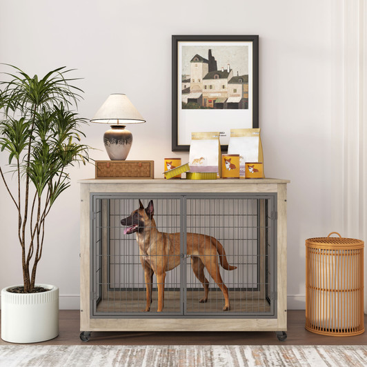 A2ZHOME Furniture Style Dog Crate Side Table on Wheels with Double Doors and Lift Top. Grey, 43.7'' W x 30'' D x 31.1'' H.